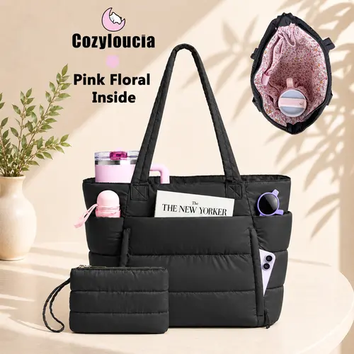 Coyzloucia Women's Floral Design Tote Bag for Women - Lightweight Puffy 15.6" Laptop Cloud Bag with Interior Cute Print for Work - Travel Accessories for Women, Everyday Handbag,School ,Gym,Nurse ,Clinical ,Office Tote Bag