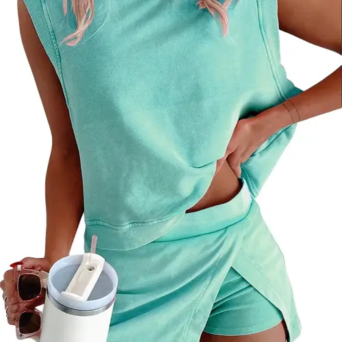 PHEFEE Women's 2-Piece Oversized Outfits - Summer Sleeveless Muscle Tank Top & Asymmetrical Wrap Skirt Set, Vintage Washed Casual Loungewear for Beach, Golf, Streetwear,sohochic
