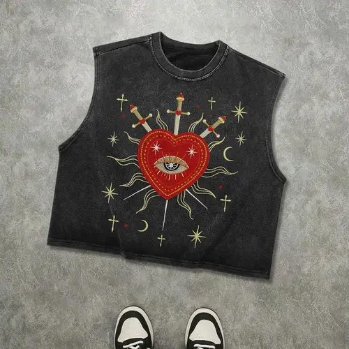 Men's Vintage-Washed Sleeveless Loose Baggy Oversized Graphic Tank Tops with Sacred Heart and All-Seeing Eye Graphic Print, Gothic Streetwear Vest