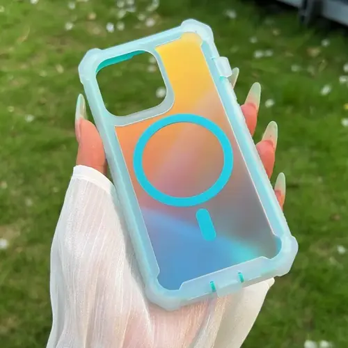 HISTORYOO For iPhone 17 Pro Max Air 16 15 14 Plus 13 12 Pro For MagSafe Magnetic Color Changing Laser Gradient Dazzling / Glitter / Feather 2 layer Case Fluorescent Iridescent 2 in 1 PC Front Frame 4Corner Coverage Anti-Drop Matte Bumper Shockproof Cover,