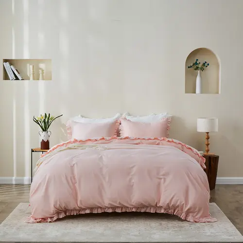 Simple&Opulence 100% Soft Organic Cotton Bedding Set - Breathable Duvet Cover with Ruffle-Lace, Button Closure, Wrinkle Resistant, Boho Shabby Chic Decor, Gentle 30°C Wash Fits Busy Routines, Cool Sleep Support,sohochic