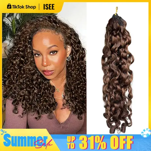 ISEE HAIR #4 Chocolate Brown Burmese Curly Crochet Human Hair Extensions -Boho Knotless Braids, Pre-Separated Miracle Knots, Plush Texture, 50g/Pack (32-38 Strands), Lightweight Time-Saving Summer Braids#SoHoChic #TikTokShopBackToSchool