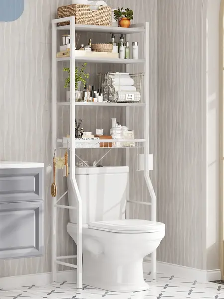 Sweetcrispy Rustic Brown Wood Over-the-Toilet Storage Rack - Bathroom Organizing Accessories with Adjustable Shelf, Removable Storage Basket, Removable Hooks, TP Roll Hooks - Space-Saver for Small Bathrooms, Laundry Rooms