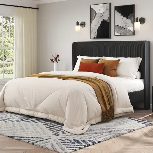 [ONLY INCLUDED BED] AMERLIFE Upholstered Bed Frame, Easy Assembly Full Size Bed Frame, Modern Bed Platform with Corduroy Headboard, Wooden Slats Support, No Box Spring[tiktokshopbacktoschool][SohoChic]