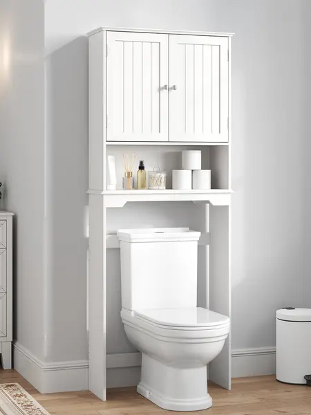 Sweetcrispy Over the Toilet Storage Cabinet, Bathroom Storage Cabinet Over Toilet with Double Doors and Adjustable Shelf, Freestanding Toilet Rack for Bathroom, Black