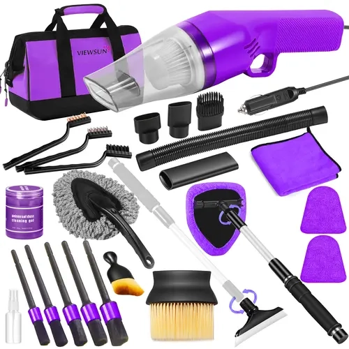 【TikTokShopBackToSchool】Viewsun 17PCS Strong Portable Cars Interior Detailing Kit - Compact Set with Purple High Suction Vacuum, Oxford Cloth Brushes, Windshield Cleaner, Dust Removal Gel, 5 Attachments, 10ft Cord, Women's Auto Accessories toolupgrade
