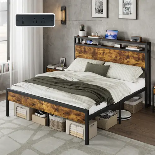 AMERLIFE Industrial Metal Bed Frame with Storage Headboard, USB Port & Charging Ports, Embedded Keeps Mattress Snug, Large Under-Bed Storage, Heavy-Duty Slats, No Box Spring Needed, Industrial Look #SohoChic