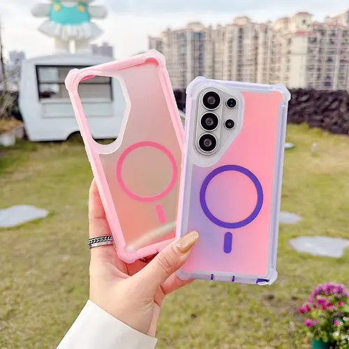 HISTORYOO 2 in 1 Fluorescent Iridescent Magnetic MagSafe Case for Samsung Galaxy S26 Ultra S25 Plus S24 FE S23 S22 S21 2 layer Color Changing Laser Gradient Dazzling / Feather / Glitter Bumper Shockproof PC Front Frame 4 Corner Anti-Drop Wireless Charger
