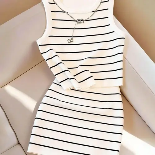 Summer Women's Striped Two-Piece Matching Set, 2026 New Style, Casual Trendy Sleeveless Short Tank Top & Sexy Bodycon Mini Skirt, Suitable for Commuting, Dating and Daily Wear, Summer Matching Sets