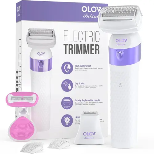 OLOV Bikini Trimmer for Women, Lightweight Electric Shaver for Smooth Hair Removal, Cordless & Rechargeable with LED Light & 2 Interchangeable Blades, Showerproof Body Trimmer, Travel Trimmer