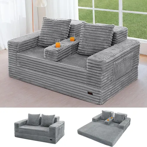 deals for you MAXYOYO 64" Loveseat Sofa Bed, Striped Faux Fur Foldable Floor Sofa Couch in A Box, 4 in 1 Convertible Boneless Couch with 2 Cup Holders, Folding Recliner Sleeper Chair, No Assembly Required