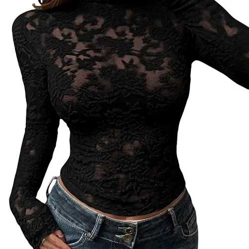 BTFBM Women's Mesh Long Sleeve Top Lace Sheer Crew Neck Slim Fit Sexy Party Club Shirt Blouse