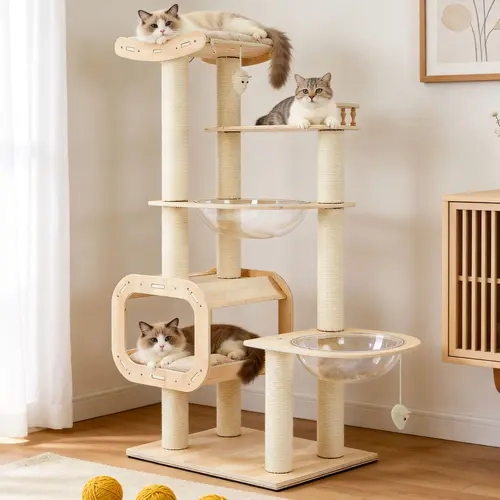 【SohoChic】ZZWHOM Calming 4-Story No-Drill Heavy-Duty Cat Tree - Solid Wood Boards, Multi-Column Design, 55.9in, 50lb Capacity Tower with Open Condo, Double Space Capsules, Perch for Multi-Cat Family Indoor Use