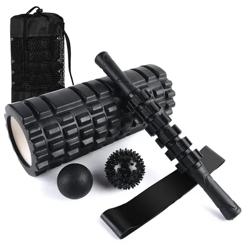 6 in 1 Foam Roller Set Includes Hollow Core Massage Roller, Yoga Stick, Massage Ball, Fitness Stretching Strap, Carrying Bag, Towel, Fitness Gear, Home Exercise Equipment