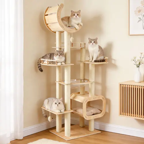【SohoChic】ZZWHOM Heavy-Duty No-Drill 5-Story Cat Tree, 80.4” Height Solid Wood Multi-Column, Waterproof Chew-Resistant, 360° Panoramic View Space Capsule, Open Condo, Bed, 50 lbs/level, for Large Spaces & Multi-Cat Households Indoor Pet Furniture