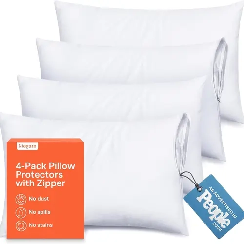 Niagara Zippered Pillow Protectors - Creamy Tight-Weave Microfiber, Auto-Lock Zipper, Deep Pocket Fit, Dustproof, Stain Resistant, Breathable, Durable Bedding, Machine Washable, OEKO-TEX Certified (King Pack of 12, Queen Sizes, Multiple Packs Available)