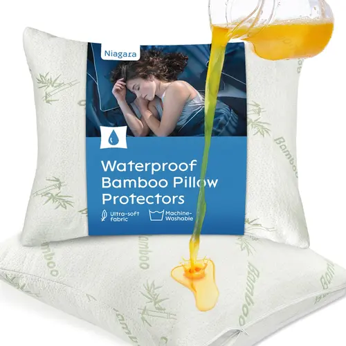 NIAGARA SLEEP SOLUTION 20x26 in Waterproof Bamboo Viscose Standard Pillow Protectors - Moisture Proof, Zippered Closure, Noiseless, Breathable Soft Bedding, Smooth Fabric, Stays On, Durable, Machine Washable for Cooling Sleep