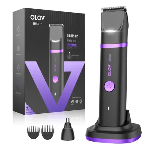 OLOV Intimate Pubic Hair Trimmer for Men, Waterproof Body Groomer with Skin-Friendly Ceramic Blades, LED Light & USB-C Charging Dock, Hair Removal Trimmer, Intimate Pubic Trimmer