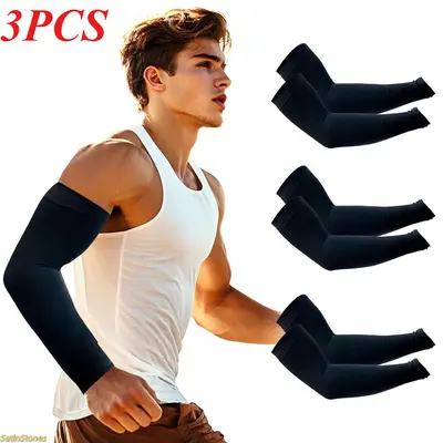 Unisex 3-Pair Seamless Breathable Compression Sports Arm Sleeves - UPF 50+ Anti-UV Cooling, Universal Size, Running Sleeves for Sun Protection, Breathable Compression Sleeves