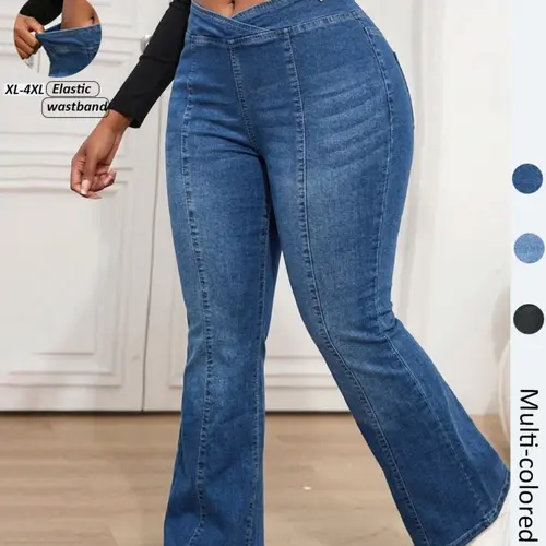 Women's Plus Size Curvy Stretch Micro Flare Denim Jeans, High Waist Butt Lifting, Cross Waistband Comfortable, Vintage Washed Blue, Chic Elegant Casual Fit Flared Long Pants Bottoms