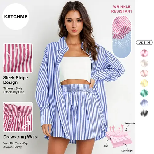 Katch Me Women's Casual Color Matching Striped Long Sleeve Shirt & Drawstring Waist Shorts Loungewear Co-ord, Lightweight Loose Two-Piece Set, Skin-Friendly Womenswear