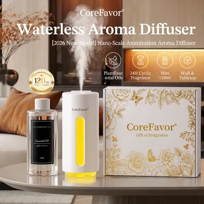 CoreFavor Waterless Cold Air Fragrance Diffuser - 120ml Scented Oil, Wall-Mountable Tabletop Rechargeable Battery-Operated Spray Machine, 6 Mist Modes, 5 Color LED Lights, Quiet for Bedroom/Office Daily Use, Wireless Gift