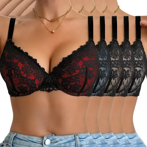Set of 5 Women'S Sexy Lingerie, LaceSemi-Transparent Underwire Push-UpBra, Everyday Women'S Bra