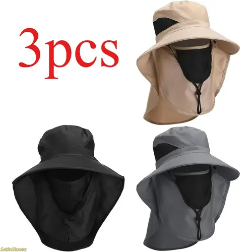 Unisex 3-Pack Wide-Brim Fisherman Hats - 4 Inches Brim, 3.55 Inches Hat Depth, Anti-UV UPF Sun Protection, Breathable Mesh, Adjustable Chin Straps, Lightweight, Outdoor Fishing Cap, Head Covering, Back to School Fashion Accessory (Brown, Black, Gray)