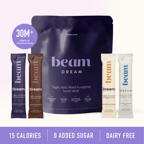 Beam Dream Nighttime Hot Cocoa Variety Pack - 20 Sticks Dietary Nutrition Supplement, Deep Sleep Aid with Melatonin, L-Theanine, Magnesium, 4 Flavors (Including Cinnamon), Dairy Free, Non Toxic, Functional Mushrooms, No Added Sugar | Back to school