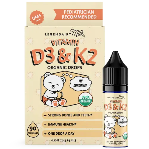 Organic Vitamin D3 & K2 Drops - Baby and Toddler  - Legendairy Milk - Bone and Teeth Support - Immunity Health -  0+ Months - Organic Drops - 90 Servings