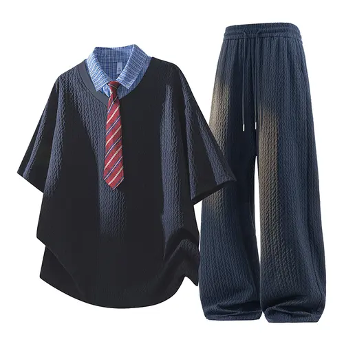 Men's 2-Piece Chic Preppy Jacquard Casual Basics Set - New Summer Colorblock Notched Tie Lapel Charm Shortsleeve Shirt + High-Waisted Drawstring Wide-Leg Jeans (For Sports, Pair with Sneakers/Loafers) #SummerWins