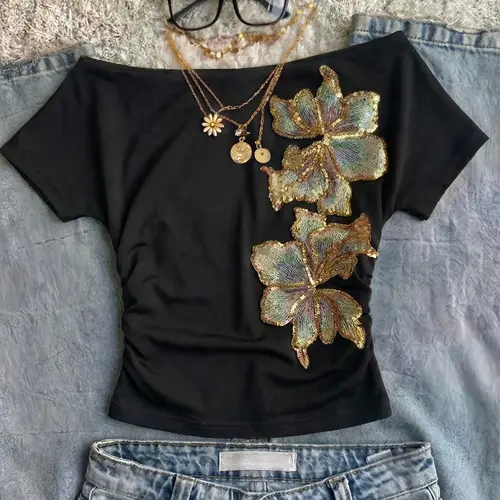 Black Off-Shoulder Short-Sleeve Top with Sequin Floral Flower Embroidery, Slim-Fit Ruched-Waist Casual Trendy Tee for Women, Retro Y2K Edgy Aesthetic, Soft Stretchy Fabric, Statement Sparkly Design for Everyday Nights Out and Casual Fitted Streetwear