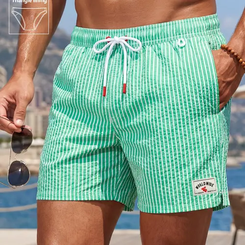 Men's Summer Quick-Dry Beach Shorts, Loose-Fitting Swim Trunks, Drawstring Swim Shorts, Textured Bubble Mesh, Classic Stripes, Casual Party Style, Swimwear Shorts, Swimming Shorts