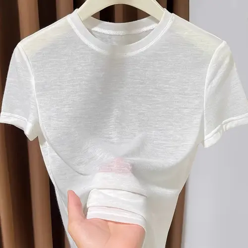New Transparent Mask Top Short Sleeve Inner Layer Summer Small Round Neck Thin Casual Basic T-Shirt for Women, Casual Tee Shirts, Stylish and Comfortable