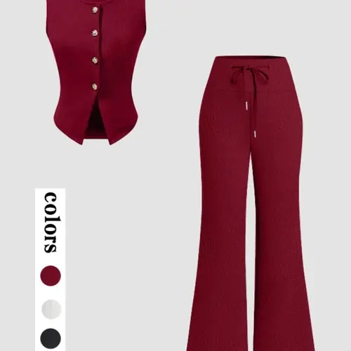 2pcs Sleeveless Metal Button Striped Vest + High Waist Wide Leg Flare Pants Set, Womenswear, Lady, Casual, Slim Fit, All Seasons, Ideal for Pear Shape, Short Stature, Office, Date, Shopping, Clothes