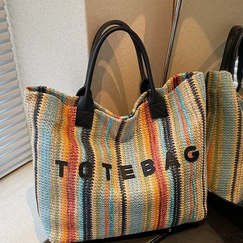 Simple Versatile Letter-Decor Handwoven Straw Casual Tote Bag with Carry Handle, Ideal for Daily Use, Beach Vacations and Outdoor Activities