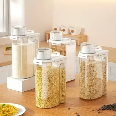 GHQ 4-Pc 2.5L Airtight Seal Rice Dispenser Storage Containers with Measuring Cup & Pour Spout, Plastic Body Kitchen Utensils for Food Preservation Solutions, Kitchen Pantry Cereal Grain Flour Storage,sohochic