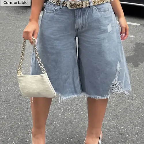 Women's Ripped Edge Seven-Eighths Denim Jeans, Summer Wide Leg Design, Sexy Fitted Button Fly, Natural Waist, Long/regular Length, Bottoms