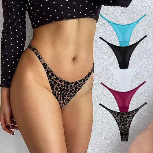 5pcs Womens Low Rise Thong Underwear Pack Leopard Red Blue Black White Panties Bikini T Back Briefs Ruched Side Strap Stretch Lingerie Soft Comfortable Everyday Sexy Elegant Womenswear Women's Underwear Set Fine Stitching Holiday Gift for Women Wife Lover