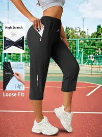 Women's Ice Silk Breathable High-Stretch Capri Pants - 1 Piece, Drawstring Waist, Zippered Pockets, Comfortable Skin-Friendly, Gym Outfits Athleisure Style Gym Sportswear Bottoms Sports Casual Pants Activewear Fitness for Yoga, Jogging, Home Wear