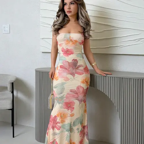 Elegant All Over Floral Print Backless Sleeveless Dress for Women, Summer Beachwear, Boho Style, Ideal for Tropical Vacation, Summer Formal Wedding Guest Dress, Party Dress
