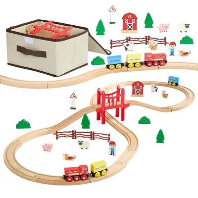 【FathersDayGift】VEVOR Wooden Train Set, 39PCS, Wood Train Track with Magnetic Trains and Railway Accessories, Compatible with Major Brands, Small Town, Christmas Birthday Toy for Kids Toddlers Ages 3-8 Boys and Girls