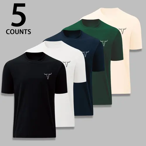 Men's 5-Pack Short Sleeve T-Shirts - Fitted Round Neck, Soft Polyester Basics, Assorted Bull Head Graphic & Plain Streetwear Tops, Shortsleeve, Tshirt