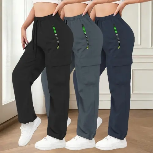 3-pack comfortable stretch-waist women’s cargo pants for spring and autumn, featuring zippered pockets and a stylish large pocket design, along with a drawstring elastic waistband; casual long pants suitable for outdoor and everyday wear. sohochic