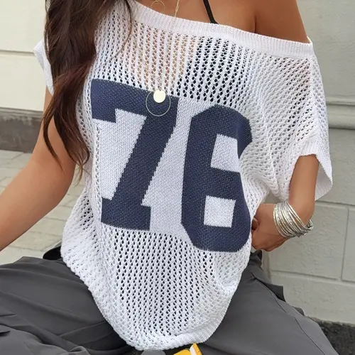 Summer Hollow Out Asymmetrical Shoulder Digital Print Sexy Pullover, Fashion Casual Loose Fit Breathable Drop Shoulder Knit Top for Women, Knit Pullover Tops, Graphic Pullover, Knitwear, Womenswear