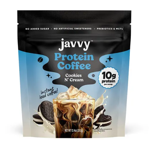 Javvy Cookies N’ Cream Protein Iced Coffee Beverage - Premium Whey Protein, Instant Iced Coffee, 100% Natural Cold Brew - 0 Artificial Flavors, 0 Artificial Sweeteners, 80 mg Caffeine, No Added Sugar, 20 Servings