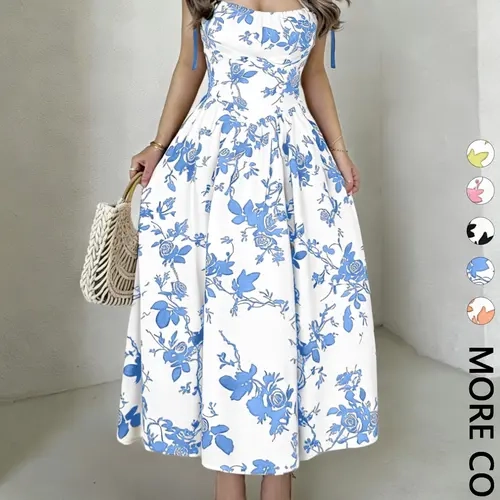 Women's Floral Print Adjustable Tie Shoulder Cami Dress, Beach Sundresses, Boho Style Dresses, Chic Fashion Aesthetic Boho Bohemian Casual Lightweight Sleeveless Spaghetti Strap Dress for Daily Outdoor Wear, Women Dress for Summer
