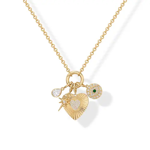PAVOI 14K Gold Plated Chunky Charm & Toggle Pendant Necklace for Women - Chain Heart, Star, Gemstone Evil Eye, Teardrop Cubic Zirconia Pendant Gold Charms Necklaces - Valentines Day Trendy Jewelry