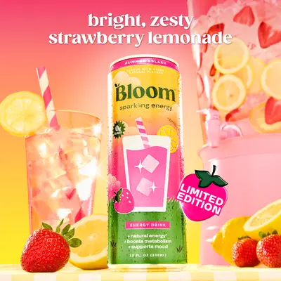 Summer Splash - Bloom Sparkling Energy Drink - Limited Time Flavor - Natural Caffeine, Zero Sugar, 180mg Caffeine - Antioxidant-Rich with Green Coffee Bean, Green Tea Extract, Prebiotics, 12oz 12 Pack