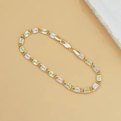 1pc 14K Gold Tri-Color Mariner Link Bracelet for Women – Polished Floral Engraved Three Tone Gold Chain Bracelet, Dainty Jewelry Gift for Her,summerwins